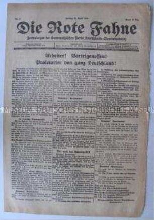 Kommunistische Tageszeitung "Die Rote Fahne" mit dem Aufruf der KPD-Führung zur Errichtung der Räterepublik