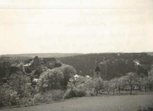 Hohnstein : Hohnstein, Blick oberhalb vom Röhrenweg über Kirche und Burg in das Polenztal mit Hockstein