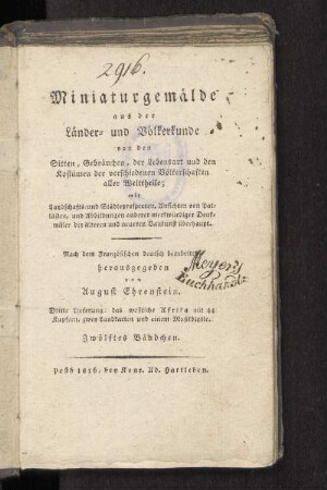 Bändchen 4: Das westliche Afrika, oder Sitten, Gebräuche und Gewohnheiten der Afrikaner zwischen dem Senegal und Gambia und der Mohrenstämme in der großen Wüste : nebst naturhistorischen Bemerkungen und der Geschichte der afrikanischen Colonien ; Mit 44 Kupfern, zwey Landkarten und einem Musikblatte