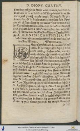 Domini Dionysii Carthusiensis De obedientia superioribus praestanda tractaculus