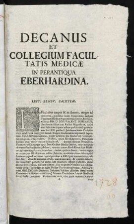 Decanus Et Collegium Facultatis Medicae In Perantiqua Eberhardina. Lect. Benev. Salutem