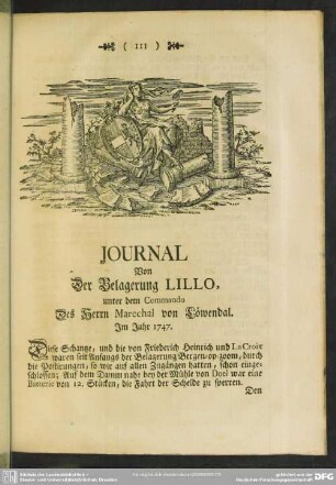 Journal Von Der Belagerung Lillo, unter dem Commando Des Herrn Marechal von Löwendal. Im Jahr 1747
