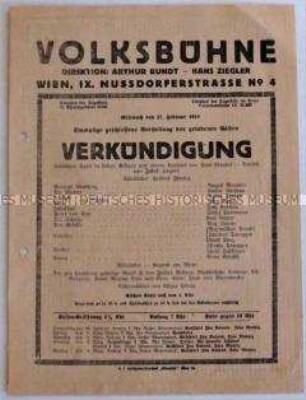 Theaterprogramm der Wiener Volksbühne zur Aufführung des Stückes "Verkündigung"