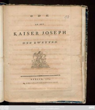 Ode An Den Kaiser Joseph Den Zweyten