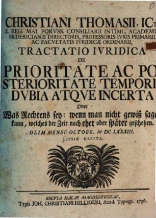 Tractatio Ivridica De Prioritate Ac Posterioritate Temporis Dvbia Atqve Incerta Oder: Was Rechtens sey: wenn man nicht gewiß sagen kann, welches der Zeit nach eher oder später geschehen : olim mense Octobr. M DC LXXXIII. Lipsiae habita