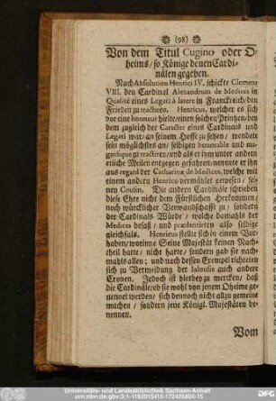 Von dem Titul Cugino oder Oheims, so Könige denen Cardinälen gegeben.