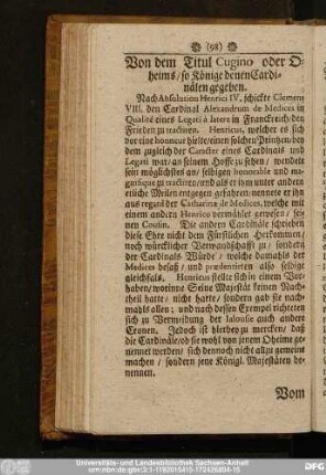 Von dem Titul Cugino oder Oheims, so Könige denen Cardinälen gegeben.
