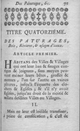 Titre quatorziéme. Des Pâturages, Bois, Rivieres, et usages d'iceux.