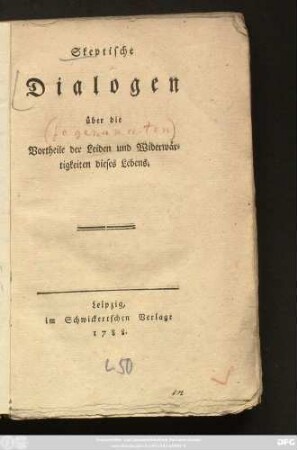 Skeptische Dialogen über die Vortheile der Leiden und Widerwärtigkeiten dieses Lebens