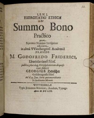 Exercitatio Ethica De Summo Bono Practico