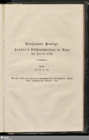 Dreizehnte Predigt. Herder´s Abschiedspredigt in Riga. Junius 1796