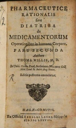 Pharmaceutice Rationalis sive Diatriba De Medicamentorum Operationibus in humano Corpore, Pars Secunda