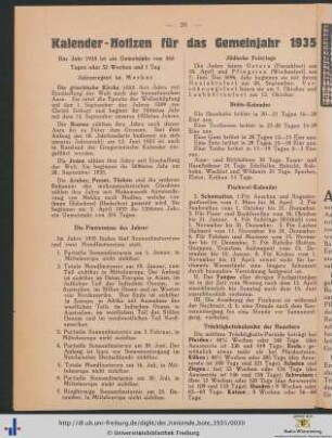 Kalender-Notizen für das Gemeinjahr 1935.