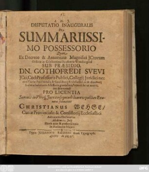 Disputatio Inauguralis De Summariissimo Possessorio