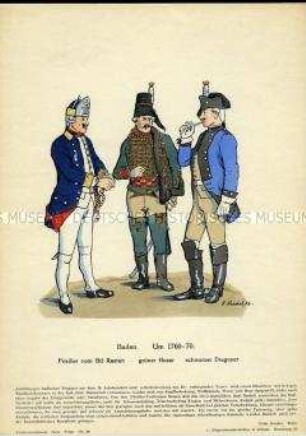 Uniformdarstellung, Füsilier des Batallions Rasstatt, Husar und Dragoner, Markgrafschaft Baden, um 1760/1770.