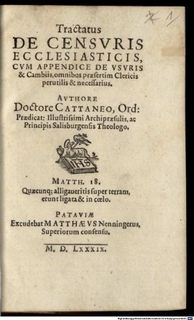 Tractatus de Censuris ecclesiasticis : Cum appendice de usuris & cambiis