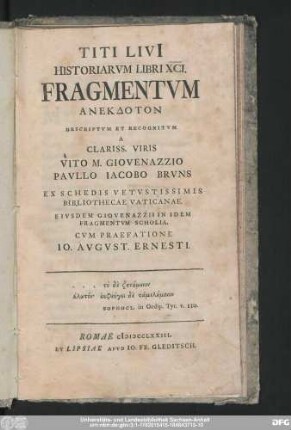 Titi Livi[i] Historiarvm Libri XCI. Fragmentvm Anekdoton