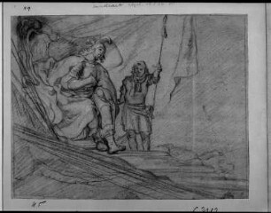 Sitzfigur (Bellona) und Mann mit Lanze