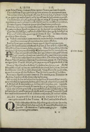 Aldi Manutii Romani Institutionum gra[m]maticaru[m] Liber Tertius.