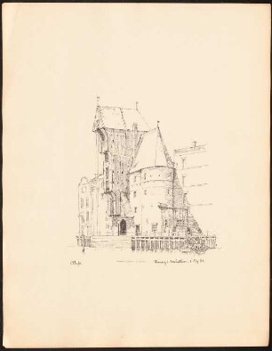 Krantor, Danzig: Perspektivische Ansicht (aus: Architekt. u. techn. Reiseskizzen aus Ost- und Westpreußen, Studienfahrt 1858)