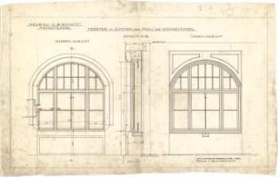 Pfann, Paul; München, Möhlstr.; Wohnhaus O. Bischoff - Fenster im Zimmer der Frau u. im Wohnzimmer (Ansicht, Ansicht m. Schnitt, Schnitt)