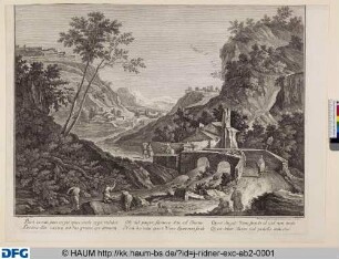 Bergige Landschaft mit Wasserfall über den eine Brücke führt