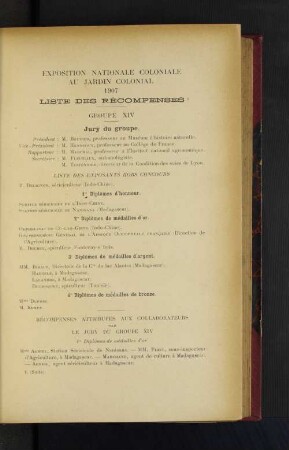 Exposition Nationale Coloniale Au Jardin Colonial 1907. Liste Des Récompenses.