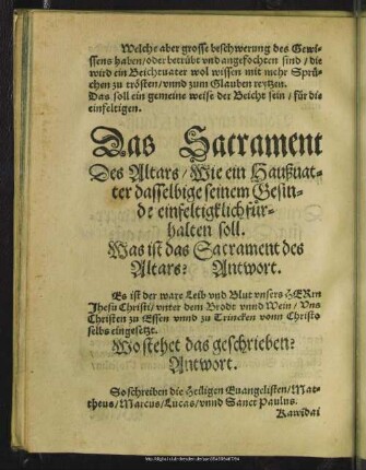 Sacrament Des Altars, Wie ein Haußvatter dasselbige seinem Gesinde einfeltigklich fürhalten soll