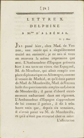 Lettre X. Delphine A M.lle D'Albémar. Ce 8 Mai.