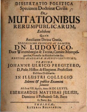 Dissertatio politica specimen doctrinae civilis de mutationibus rerumpublicarum, exhibens