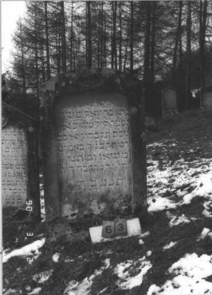 Grabstein 63 (Index: 99608747) Material: Sandstein Zustand: leicht verwittert Maße HxBxT: 125x72x23 cm Beschreibung: Stele mit leicht geschwungenem Flachbogen, vertiefter Textteil mit Flachbogenabschluß: Grabstein 63