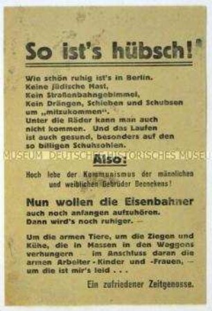 Satirischer Handzettel gegen einen Streik von Straßen- und Eisenbahn in Berlin