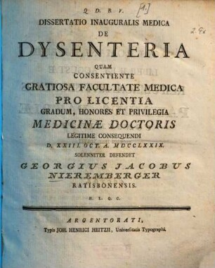 Dissertatio Inauguralis Medica De Dysenteria