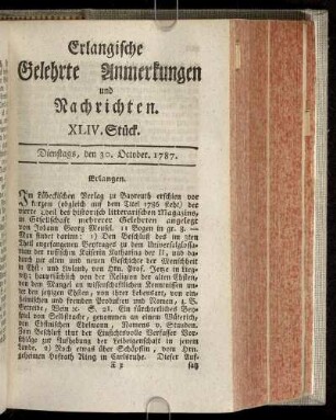 XLIV. Stück. Dienstags, den 30. October. 1787.