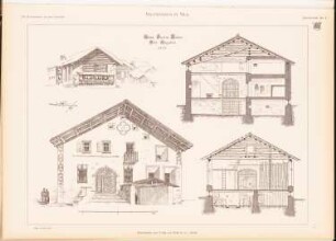 Bauernhaus Nils Engadin, Sils: Perspektivische Ansicht, Ansicht, Querschnitte (aus: Das Bauernhaus in der Schweiz, hrsg.v. Schweiz. Ingenieur- und Architektenverein, 1903)