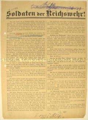 Programmatischer Wahlaufruf der Kommunistischen Partei Deutschlands (Spartakusbund) an die Soldaten der Reichswehr