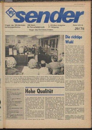 Betriebszeitung 'WF-Sender', Nr.39/1976 (3. Oktoberausgabe 1976)