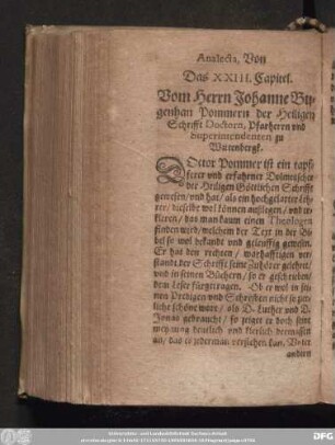 Das XXIII. Capitel. Vom Herrn Johanne Bugenhan Pommern der Heiligen Schrifft Doctorn, Pfarherrn vnd Superintendenten zu Wittenbergk.