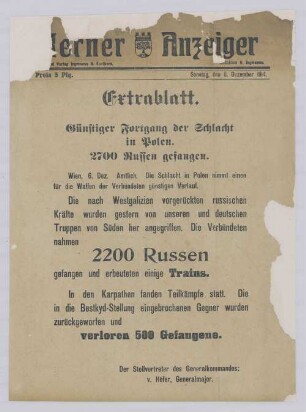 "Günstiger Fortgang der Schlacht in Polen. 2700 Russen gefangen."
