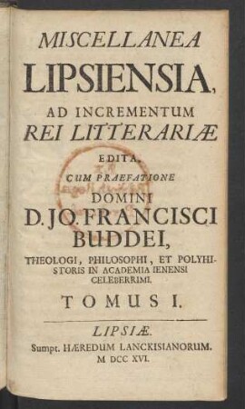 Tomus 1 (1716): Miscellanea Lipsiensia ad incrementum rei litterariae edita