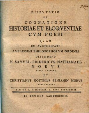 Disp. de cognatione historiae et eloquentiae cum poesi