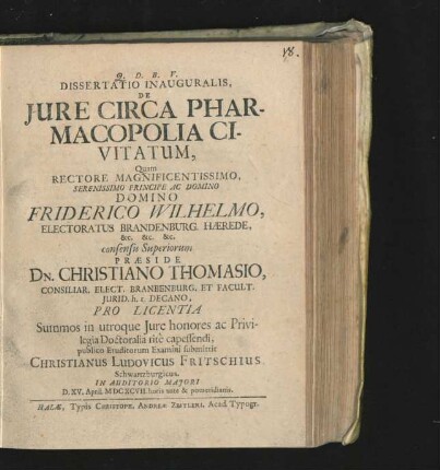 Dissertatio Inauguralis, De Iure Circa Pharmacopolia Civitatum