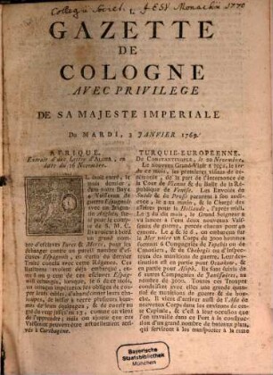 Gazette de Cologne. 1769