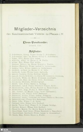 Mitglieder-Verzeichnis des Kaufmännischen Vereins zu Plauen i.V.