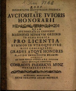 Dissertatio Inavgvralis Ivridica De Avctoritate Tvtoris Honorarii