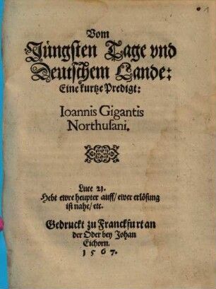 Vom jüngsten Tage vnd deutschen Lande : Eine kurzte Predigt