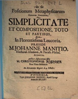 Positionum Metaphysicarum Denarius Undecimus, De Simplicitate Et Compositione, Toto Et Partibus
