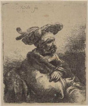 Halbfigur eines alten Mannes mit platter Federmütze