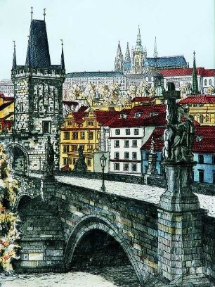 Prag - Farbzeichnung von der Karlsbrücke : Farbzeichnung von der Karlsbrücke. Aufgenommen in Prag 2004