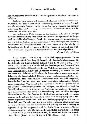 Ferger, Imme :: Lüneburg, eine siedlungsgeographische Untersuchung, (Forschungen zur deutschen Landeskunde, 173) : Bonn-Bad Godesberg, Selbstverlag der Bundesforschungsanstalt für Landeskunde und Raumordnung, 1969